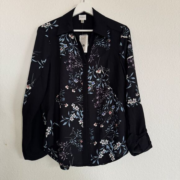 New Cupio Women's Blouse Size S Sheer Black Floral Print Button-Up Shirt Office - Picture 1 of 12